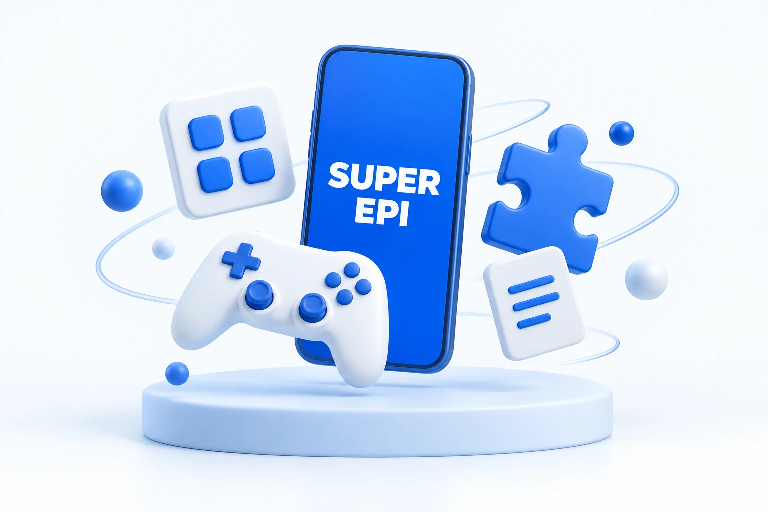 Original blue-and-white illustration of a SUPER EPI phone with a controller, puzzle piece and app tiles.